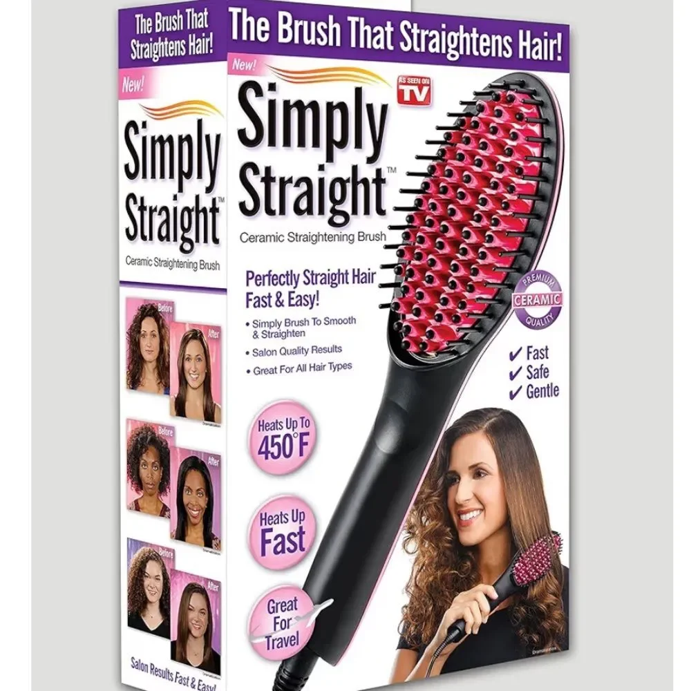 Simply Straight Ceramic Hair Straightening Brush, Black/Pink